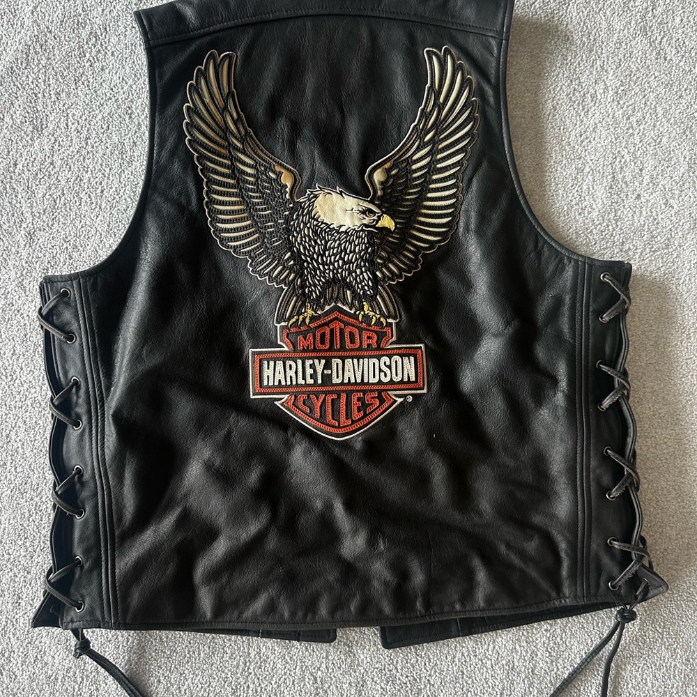 Harley Davidson Men’s Black Leather Side Lace Eagle Vest Size L
